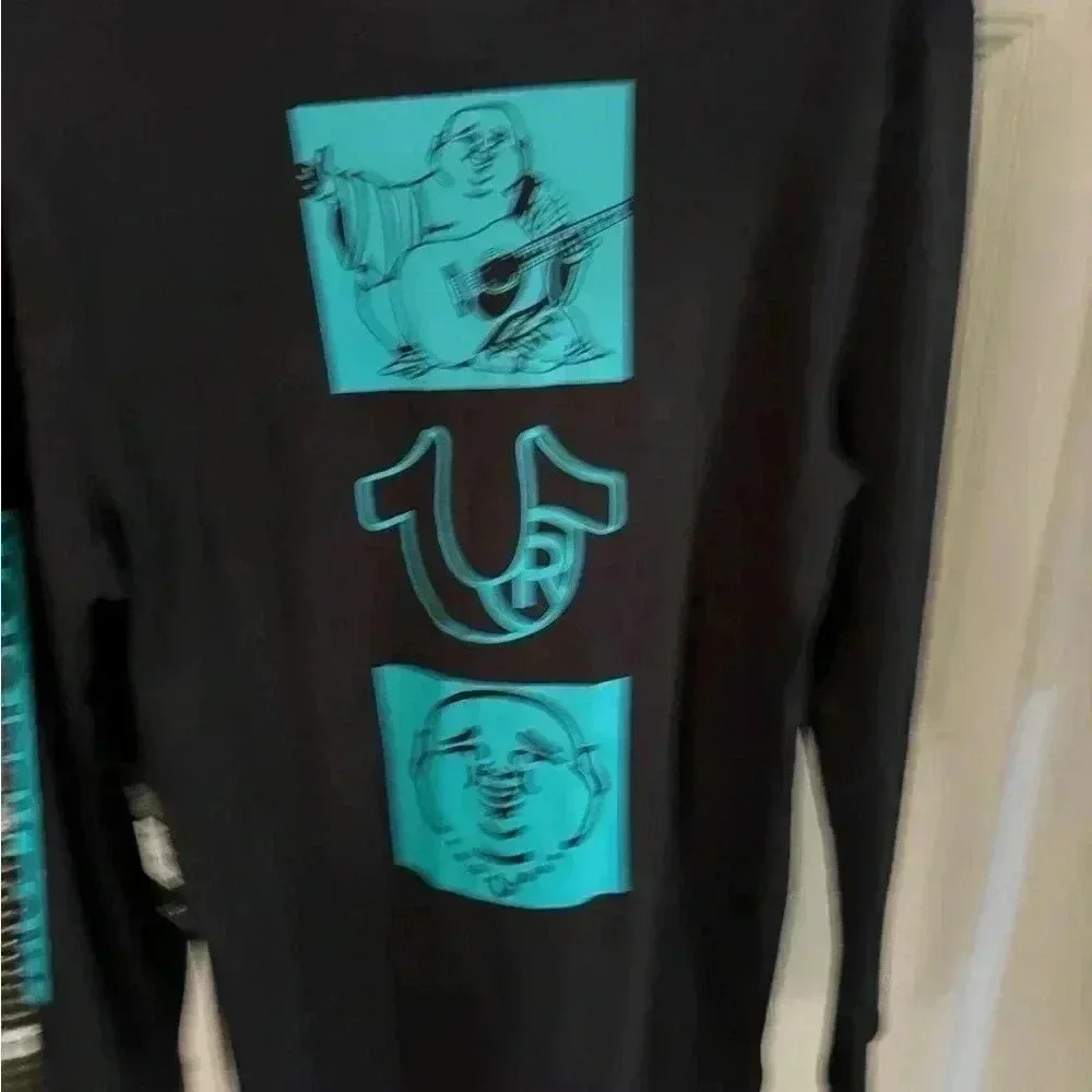 True religion long sleeve black sidebar tee shirt size small budha graphic
